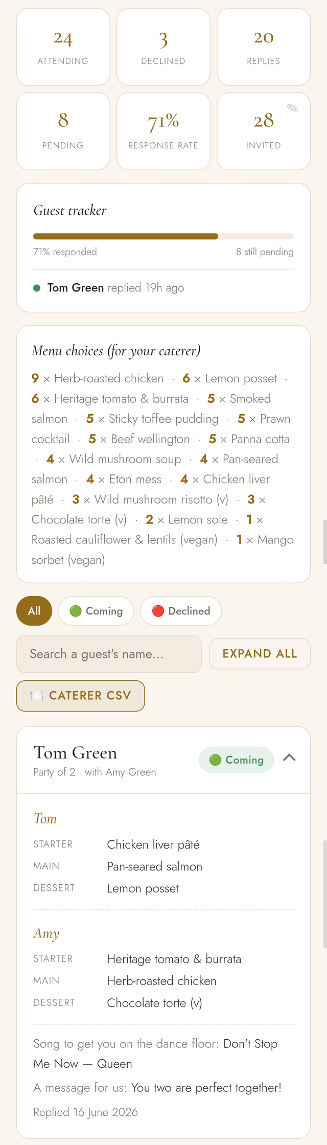 The GuestPlanner RSVP dashboard, showing guest replies, meal choices for the caterer, and controls to edit or add a reply